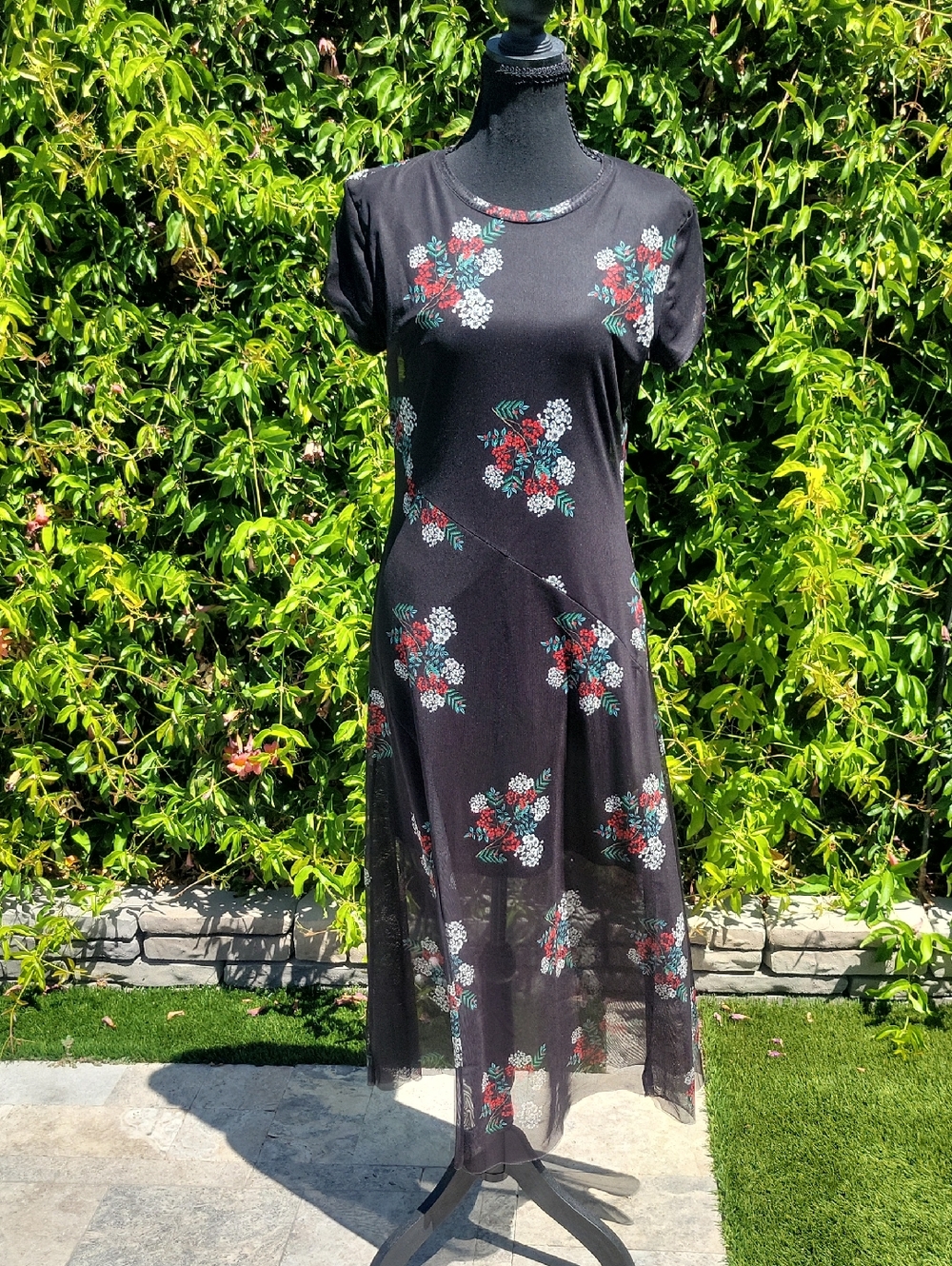 Desigual Black Floral Y2K Sheer Mesh Overlay Slip Dress L